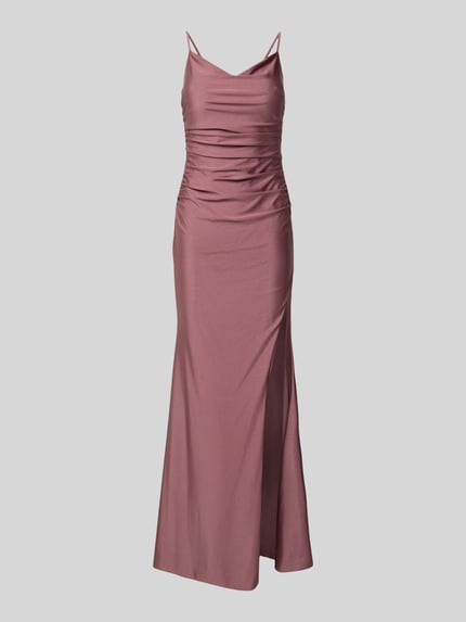 Produktfoto, Abendkleid mit seitlichem Gehschlitz und Wasserfall-Ausschnitt von Mascara aus Satin, Körpernaher-Schnitt, Maxikleid, Spaghettiträger, Haken-Reißverschluss, Rückenlänge 125 cm, Brustweite 40 cm, Farbe altrosa, glatte Satin-Optik.