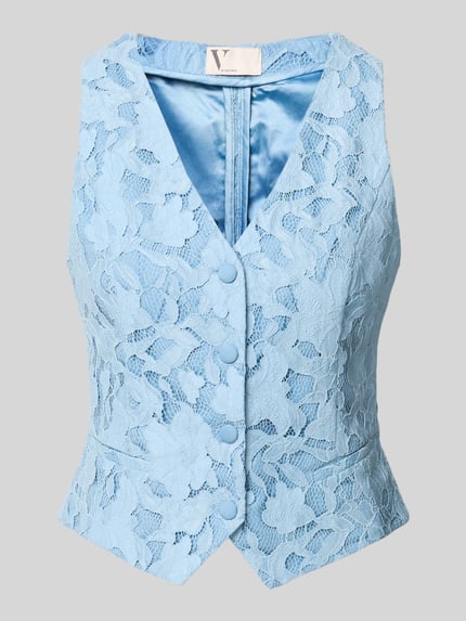 Produktfoto, Regular Fit Weste mit Allover-Spitzenbesatz von V by Vera Mont, mieszanka materiałów z mieszanką bawełny, krój regular fit, obszycie z koronki na całej powierzchni, listwa guzikowa, dekolt w serek, kieszenie z wypustkami, długość tyłu w rozmiarze 36: 50 cm, jasnoniebieski kolor, faktura koronkowa, gładka podszewka