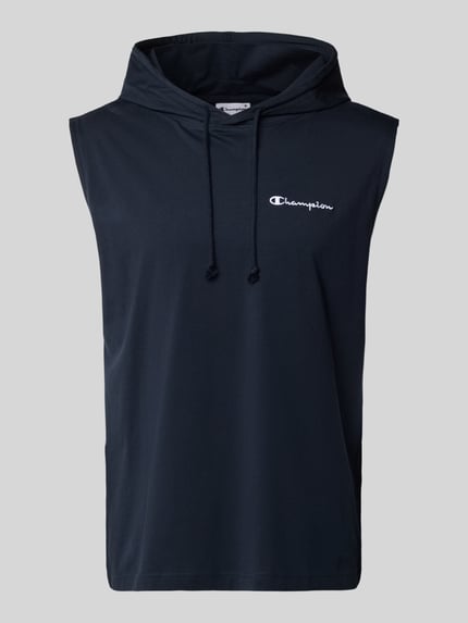 Produktfoto, Hoodie mit Label-Stitching von CHAMPION in Schwarz, reine Baumwolle, Regular Fit, Kapuze mit Tunnelzug, ohne Ärmel, klare Struktur