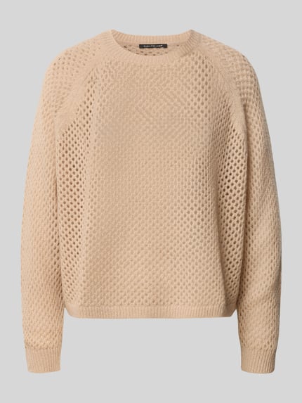 Produktfoto, Strickpullover mit Kaschmir-Anteil von Luisa Cerano in Beige, Oversized-Form, Lochmuster, Rundhalsausschnitt, Raglanärmel aus Baumwoll-Kaschmir-Mix