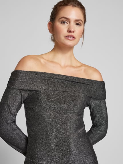 PIECES Slim Fit Langarmshirt mit Glitzer-Effekt und Off-Shoulder-Arm Modell 'SANDRA' Anthrazit 3
