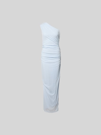 Produktfoto, Maxikleid mit Raffungen van ROTATE in lichtblauw, elastische materiaalmix, nauwsluitend, asymmetrisch, maxilengte, mouwloos design