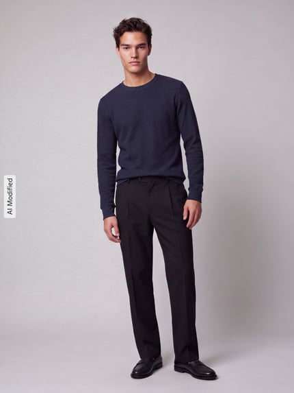 Männermodel trägt Regular Fit Langarmshirt aus reiner Baumwolle von s.Oliver RED LABEL in Dunkelblau, glatte Textur, Ganzkörperansicht von vorne, KI-modifiziertes Bild.