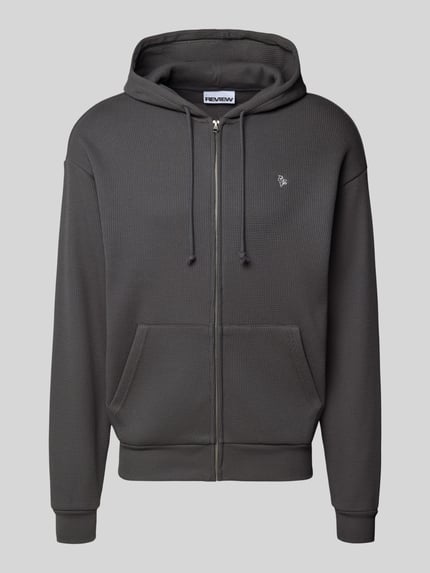 REVIEW Regular Fit Sweatjacke aus Baumwoll-Mix mit Label-Stitching Dunkelgrau 1