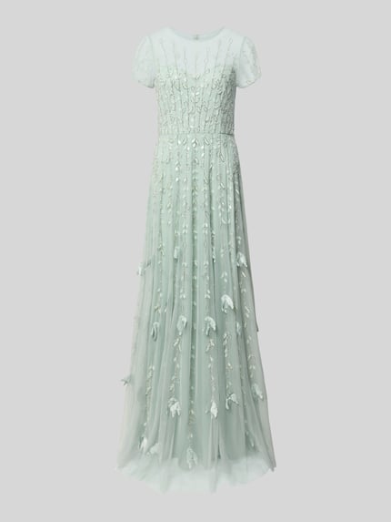 Productfoto, Maxikleid mit Perlen und Pailletten van Adrianna Papell, mintgroen mesh, a-lijn, pailletten, parels, ronde hals, ruglengte 152 cm, borstwijdte 35 cm