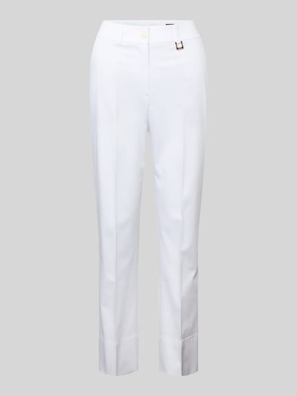 Produktfoto, Slim Fit Stoffhose mit Logo-Detail Modell 'Panna' von JOOP! für Damen, weiß, Baumwoll-Mix, Gesäßtaschen, glatte Textur.