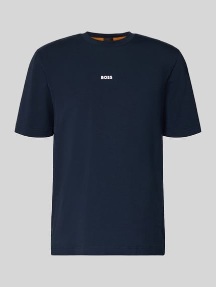 Produktfoto, T-Shirt mit Label-Print von BOSS aus Baumwoll-Elasthan-Mix in Dunkelblau, Regular-Fit, Rundhalsausschnitt, Rückenlänge 70 cm