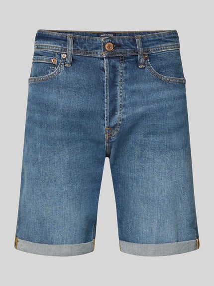 Produktfoto, Regular Fit Jeansshorts mit Umschlag Modell 'RICK' von Jack & Jones aus blauem Baumwoll-Elasthan-Mix, sichtbare Eingrifftaschen