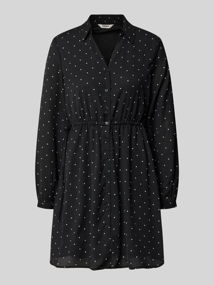 Produktfoto, Tailliertes vrijetijdsjurk met all-over motief model 'ALYNN' van Only, getailleerd, minilengte, hooggesloten hals, tailleriem, knoopsluiting, lange mouw met manchet, zwarte stof met kleine witte stippen