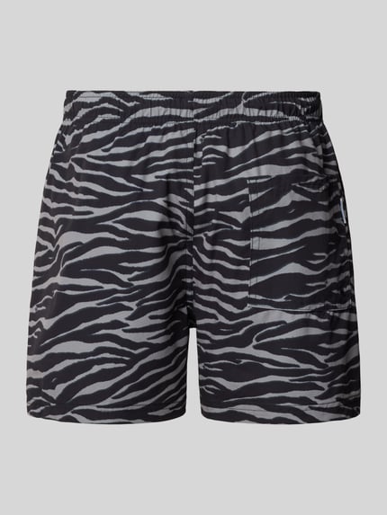 Produktfoto, Regular Fit Badeshorts mit Allover-Animal-Print Modell 'Maui' von Jack & Jones, elastischer Bund mit Tunnelzug, schwarz-grau gestreift