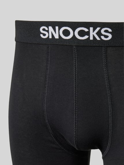 Produktfoto, Boxershorts mit elastischem Label-Bund von Snocks aus gewachstem Baumwollmix mit Stretch, schwarze Farbe, sichtbare Inside-Out-Nähte