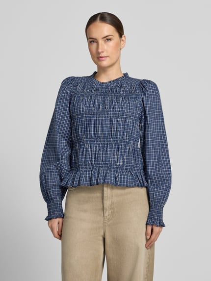 Neo Noir Bluse mit Smok-Details und Rüschensaum Modell 'Marcia' Blau 4
