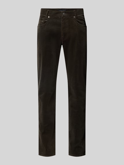 Produktfoto, Straight Fit Cordhose aus elastischem Baumwoll-Mix von bugatti in dunklem Braun, 5-Pocket-Design, fein gerippte Textur.