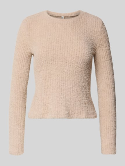 Produktfoto, Slim Fit Strickpullover Modell 'VIOLA' von Only, unifarben beige, Label-Stitching-Applikation, Rundhals, Langarm, Stricktextur