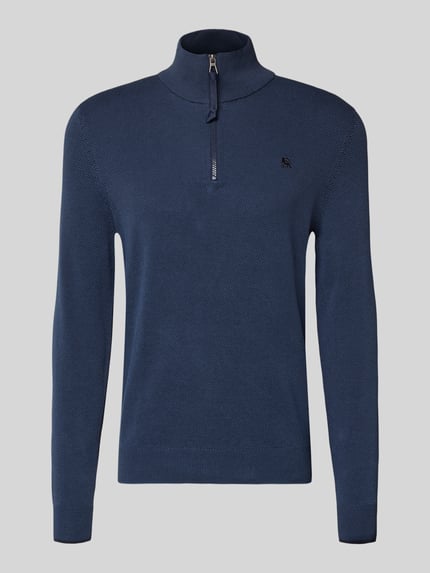 Produktfoto, Strickpullover mit Troyer-Kragen von Lerros in Dunkelblau, Reine Baumwolle, Regular-Fit, gerippte Abschlüsse, Label-Stitching
