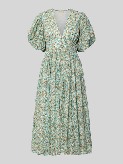 Produktfoto, Cocktailkleid mit V-Ausschnitt und puffmouwen van LACE & BEADS, katoen, a-lijn, midilengte, blauwe bloemenprint