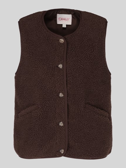 Productfoto, donkerbruine bodywarmer in teddybontlook met knopen en zakken, Regular Fit Weste in Teddyfell-Optik model 'BABY' van ONLY, Dames