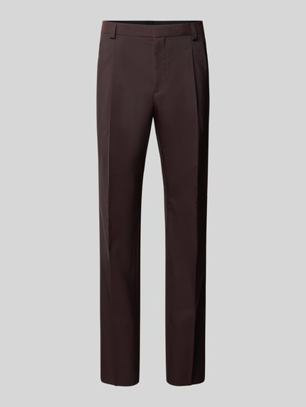 Produktfoto, Regular Waist Business-Hose aus Schurwolle mit Bundfalte von HUGO in einfarbigem Braun, Bügelfalten, Bundfalte, Gürtelschlaufen, seitliche Eingrifftaschen und Gesäßtaschen, Verschluss mit Schiebehaken und verdecktem Reißverschluss, glatte Textur
