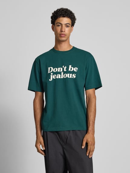 REVIEW T-shirt met geribde ronde hals Donkergroen - 4