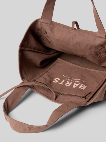 Produktfoto, Strandtasche aus Reine Baumwolle Modell 'Dieuw' von Barts mit Hauptfach mit Schnürung, Innenfach mit Reißverschluss, Tragehenkel, Breite 53 cm, Länge 39 cm, Tiefe 19 cm, Länge Schulterriemen 52 cm, brauner Stoff mit glatter Textur.