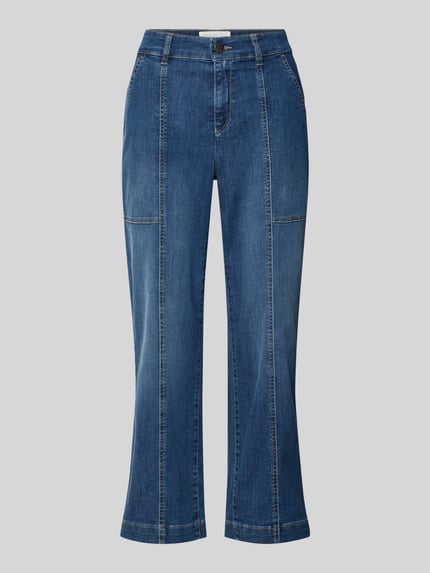 Produktfoto, Jeans in 7/8-Länge Modell 'Liv Wide' von TONI aus Baumwoll-Elasthan-Mix mit Eingrifftaschen, mittleres Blau, sichtbare Nähte.