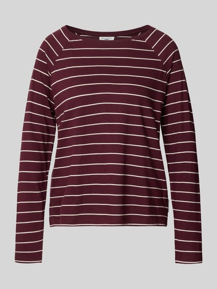Produktfoto, Regular Fit Langarmshirt aus reiner Baumwolle von Marc O'Polo in Dunkelrot mit weißen Querstreifen, Damen Langarmshirt von Marc O'Polo DENIM