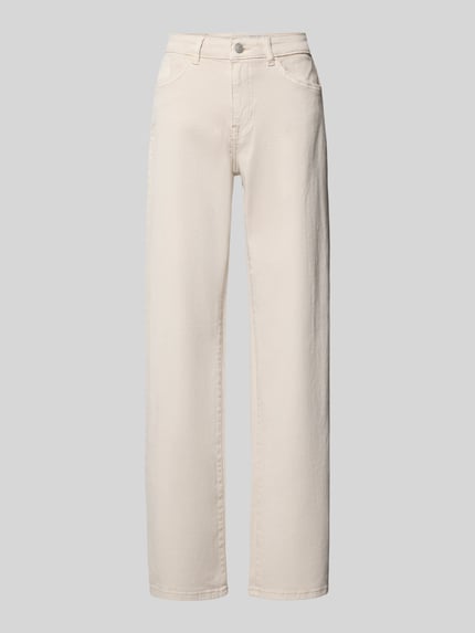 Produktfoto, Straight Fit Jeans im 5-Pocket-Design Modell 'Olanda' von Noisy May in Beige, gefertigt aus elastischem Baumwoll-Mix. Bundweite 36 cm, Innenbeinlänge 81 cm.