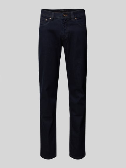 Produktfoto, Regular Fit Jeans mit Eingrifftaschen von bugatti, ciemnoniebieski dżins, bawełna z elastanem, proste nogawki, widoczne kieszenie
