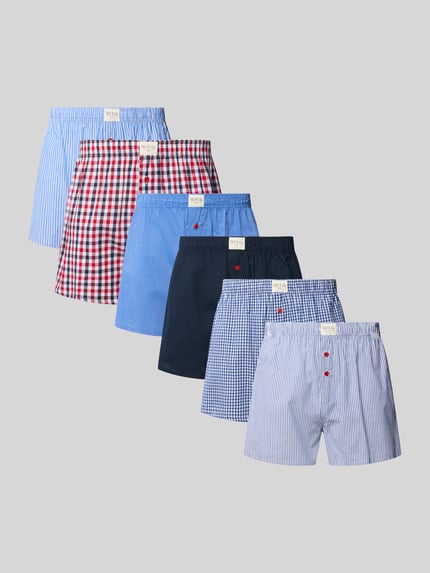 Produktfoto, Boxershorts im 6er-Pack mit Label-Patch von Phil&Co., verschiedene Blautöne, Karos und Streifen, reine Baumwolle, elastischer Bund, Loose Fit