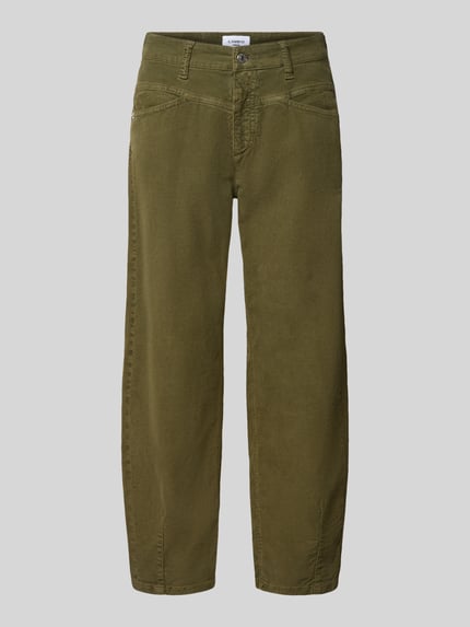 Produktfoto, olivgrüne Tapered Fit Cordhose aus Baumwoll-Mix Modell 'ELIN' von CAMBIO, strukturierte Oberfläche, Damen Cordhose