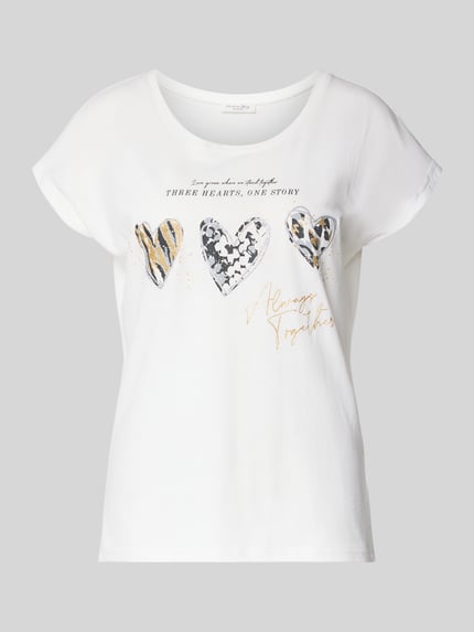 Produktfoto, Regular Fit T-Shirt mit Viskose-Anteil von Christian Berg Woman, damski t-shirt z mieszanki bawełny i wiskozy, krój regular fit, nadruk z napisem i motywem, okrągły dekolt, z krótkim rękawem, długość tyłu 60 cm w rozmiarze S