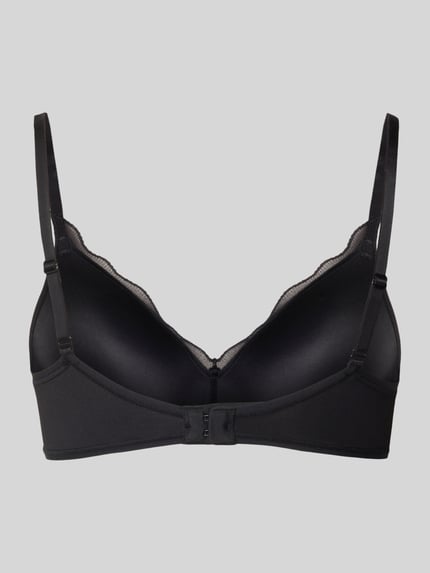 Produktfoto, schwarzer Slim Fit Push-Up BH mit Spitzenbesatz Modell 'Go Blush' von Sloggi, verstellbare Schulterriemen, glatte Textur.