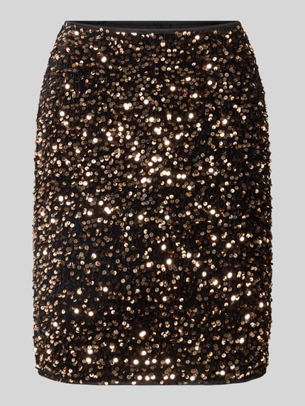 Produktfoto, Minirock aus elastischem Material-Mix mit Paillettenbesatz von Christian Berg Woman Selection, glänzende goldene Pailletten, körpernahe Passform, elastischer Bund, Bundweite 36 cm, Länge 48 cm