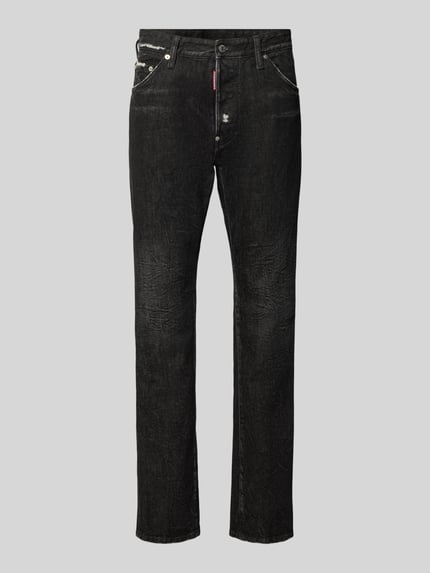 Productfoto, zwarte straight fit jeans van katoenmix Model 'Teddy' van Dsquared2, destroyed-look, 5-pocketmodel, knoop- en ritssluiting, heren.