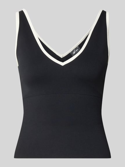 Produktfoto, schwarzes Trägertop in Ripp-Optik mit V-Ausschnitt von aim'n, Slim Fit mit weißer Umrandung, Material-Mix mit Stretch-Anteil