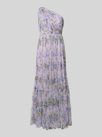 Produktfoto, Regular Fit Abendkleid mit Rüschenbesatz von LACE & BEADS, floraler Allover-Print auf Mesh, taillierte Passform, One-Shoulder-Design