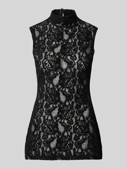 Produktfoto, schwarzes Top aus transparenter Spitze mit Stehkragen, schmale Passform, Modell 'COCO' von Topshop, Rückenlänge 74 cm