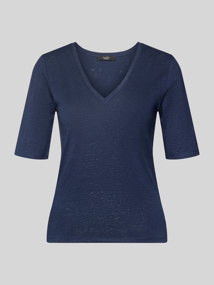 Productfoto, Regular Fit T-shirt uit linnenmix model 'OPZIONE' van Weekend Max Mara, kleur: meerkleurig, fijngebreid, V-hals, korte mouw, gestreept motief, logoprint