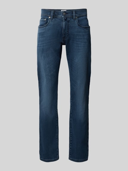 Produktfoto, Slim Fit Jeans aus elastischem Baumwoll-Mix mit Viskose-Anteil von Pierre Cardin, Model 'Lyon', 5 kieszeni, szlufki na pasek, zapięcie na guzik i zamek błyskawiczny, szerokość w rozmiarze 32/32: 41 cm, długość wewnętrzna nogawki w rozmiarze 32/32: 80 cm, kolor ciemnoniebieski, tekstura gładka