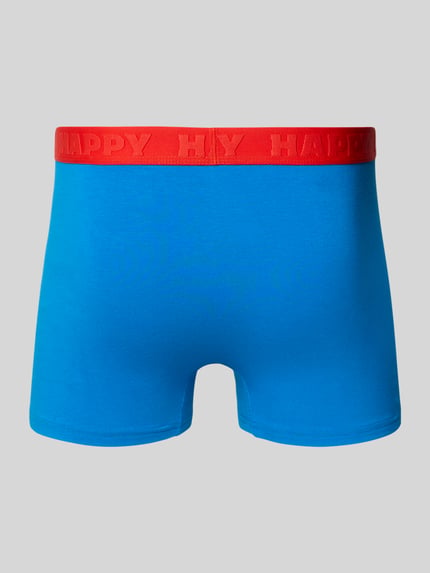 Produktfoto, Boxershorts mit elastischem Logo-Bund im 3er-Pack von Happy Socks in Blau mit rotem Bund, Baumwoll-Elasthan-Mix, körpernaher Schnitt.
