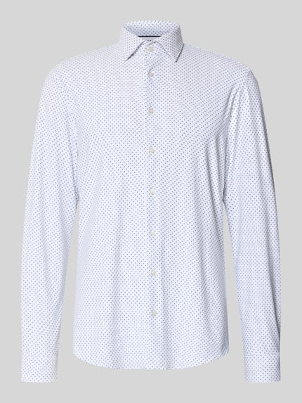 Produktfoto, Slim Fit Business-Hemd mit Kentkragen von Jake*s, weiß mit feinem Punktemuster, Elastischer-Material-Mix, Knopfleiste, Herren