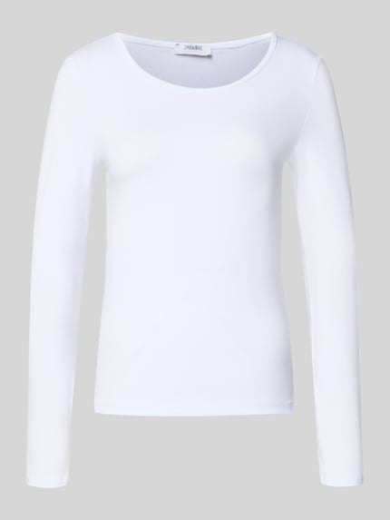 Produktfoto, Longsleeve mit geripptem Rundhalsausschnitt von ZABAIONE aus weißem Baumwoll-Elasthan-Mix im Slim Fit, Rückenlänge 56 cm.