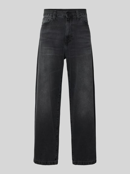 Produktfoto, Jeans im 5-Pocket-Design Modell 'Landon' von Carhartt Work In Progress, Herren Straight Fit, reine Baumwolle, schwarze Waschung, sichtbarer Knopf- und Reißverschluss, Gürtelschlaufen, Bundweite 44 cm, Innenbeinlänge 77 cm.
