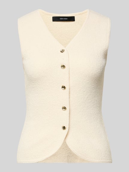 Produktfoto, Slim Fit Weste mit Baumwoll-Anteil Modell 'SILVIA' von Vero Moda in Optik: Unifarben, Materialverarbeitung: Frottee, heller Farbton, strukturierte Oberfläche, einreihige Knopfleiste, Material-Mix mit Baumwoll-Anteil.