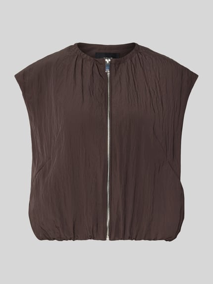 Productfoto, donkerbruine boxy fit bodywarmer van viscosemix model 'Werina' van OPUS, dames bodywarmer, gladde structuur, zonder achtergrond