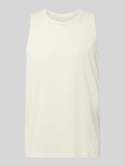 Produktfoto, Tanktop mit Rundhalsausschnitt und Logo von Salomon in Beige, glatte Struktur, Regular Fit, Rückenlänge bei Größe M 69 cm.