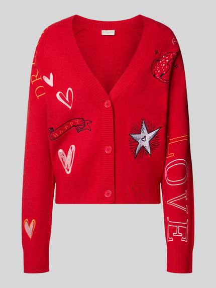 Produktfoto, roter Cardigan aus Viskose-Mix mit bunten Stitchings, V-Ausschnitt, Knopfleiste, Allover-Look, Milano Italy, Regular Fit
