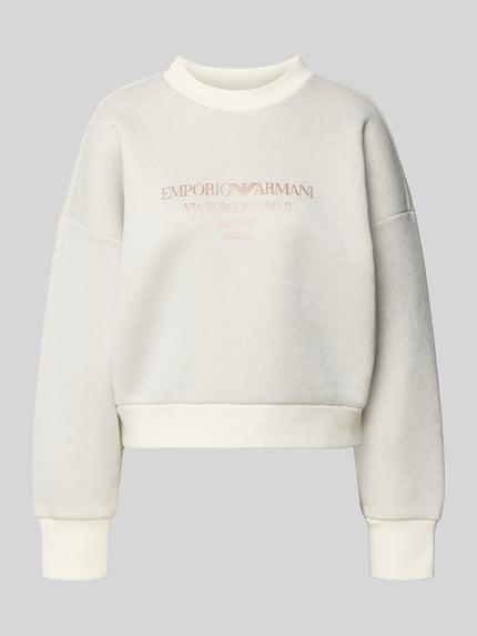 Produktfoto, Oversized Sweatshirt mit gerippten Abschlüssen von Emporio Armani aus Baumwoll-Viskose-Mix, offwhite, Label-Print, Rundhalsausschnitt.