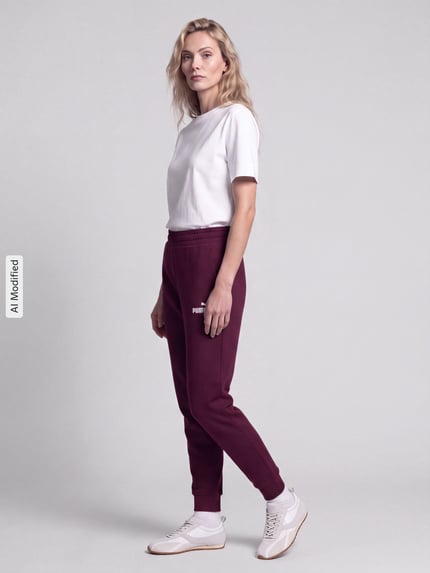 Frauenmodel trägt Sweatpants mit Label-Stitching und elastischem Bund von PUMA in Dunkelrot, Baumwoll-Mix, Relaxed Fit, Ganzkörperansicht Vorderansicht, KI-modifiziertes Bild.
