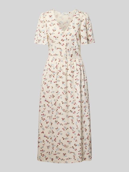 Produktfoto, Tailliertes Freizeitkleid aus Viskose-Baumwoll-Mix von Marc O'Polo DENIM in Creme mit rotem und gelbem Blumenmuster.
